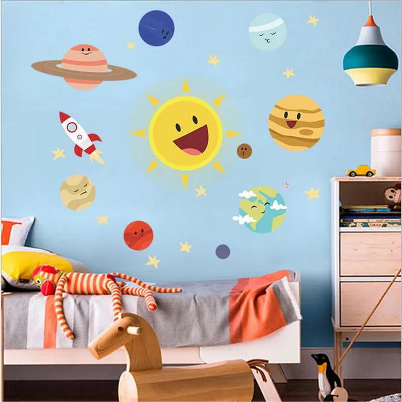 

Cartoon Sun Universe Rocket Wall Sticker For Children's Boy Bedroom Baby Room Decoration Wall Decals Room Interior PVC Sticker