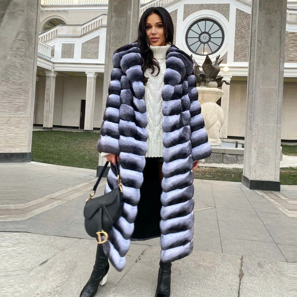 Women Fashion X-long Real Rex Rabbit Fur Coats with Turn-down Collar 2022 New Trendy Genuine Rex Rabbit Fur Coat Female Outwear