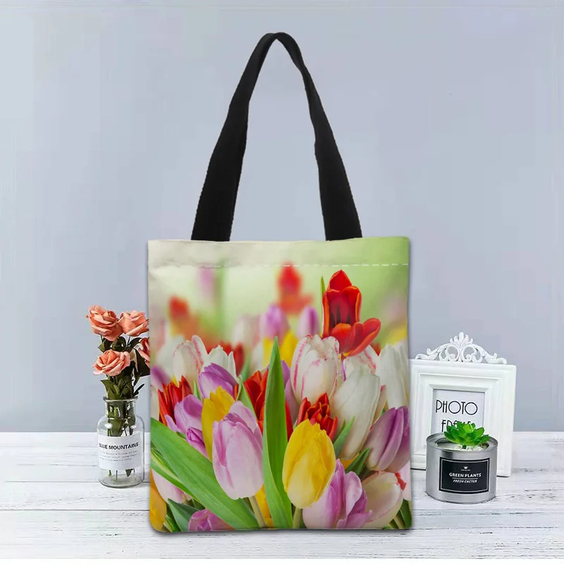 Tulip Flower Handbag Foldable Shopping Bag Reusable Eco Large Unisex Canvas Fabric Shoulder Bags Tote Grocery Cloth Pouch 1214