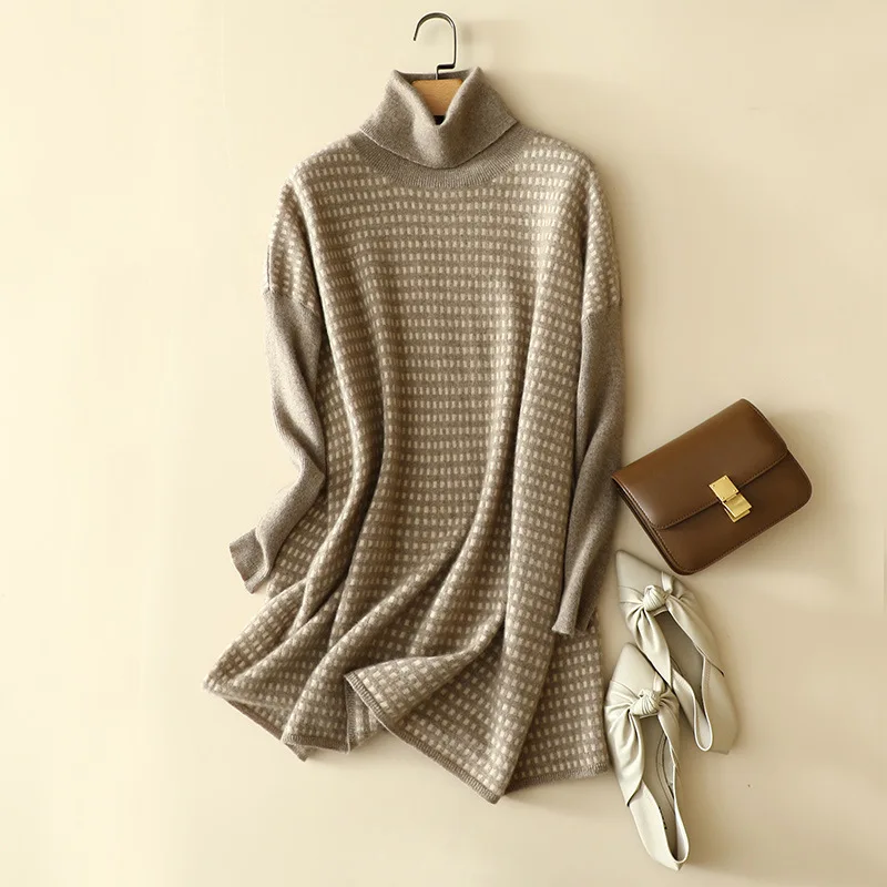 

Masigoch winter new plaid 100% cashmere turtleneck knitwear sweaters long women's europe fashion long sleeve thick warm pullover