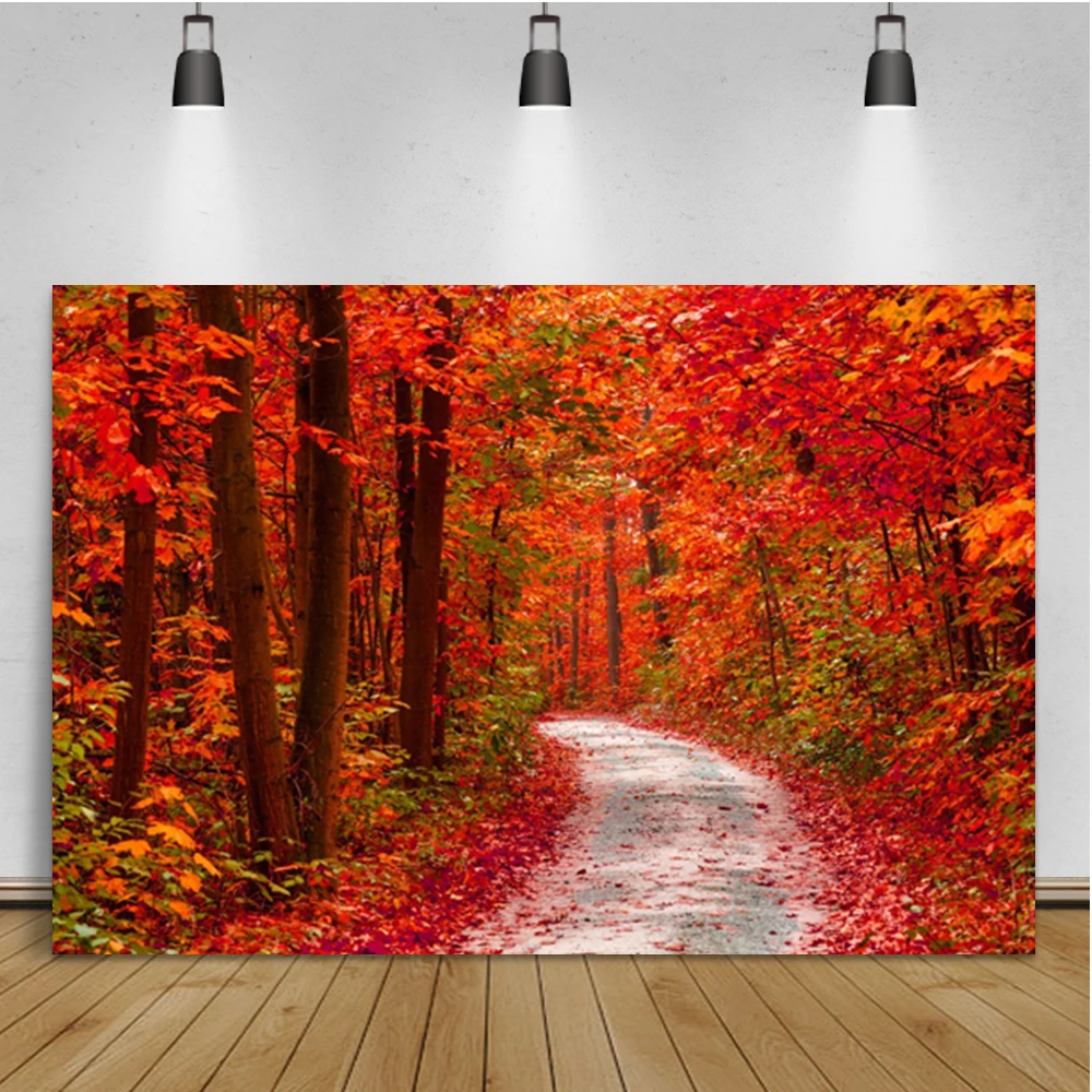 Laeacco Autumn Scenic Backdrops Landscape Yellow Forest Maple Trees Leaves Road Photography Backgrounds Baby Portrait Photophone