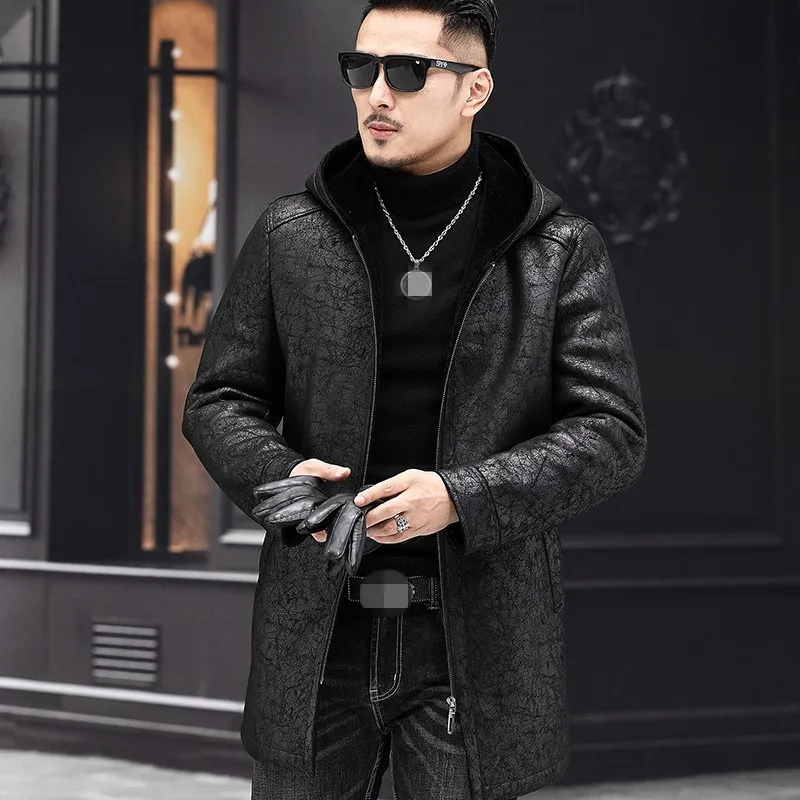 Winter Men Medium Long Hooded Coat Business Faux Leather Warm Jacket Designer Streetwear Real Wool Long Sleeve Straight Overcoat