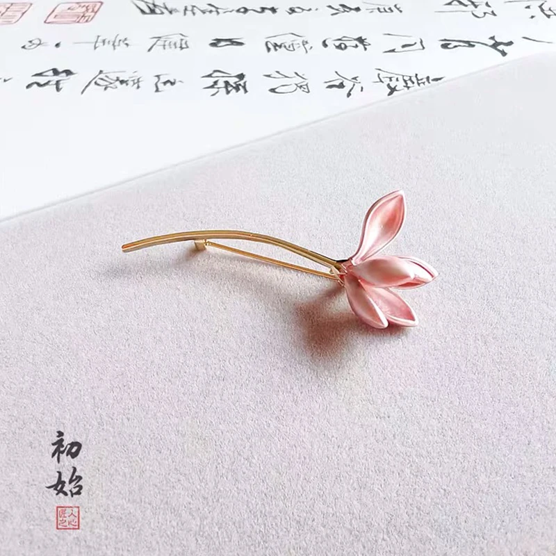 Wuli&baby Copper Hot Pink Magnolia Flower Lotus Enamel Brooches Top Polished Women Bouquet Wedding Brooch Pins