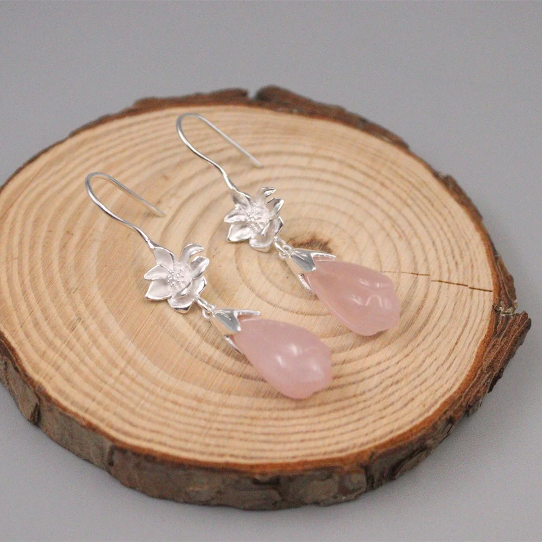 Vintage S925 Sterling Silver Earrings Drop Dangle Flower Pink Crystal Woman Ear Jewelry