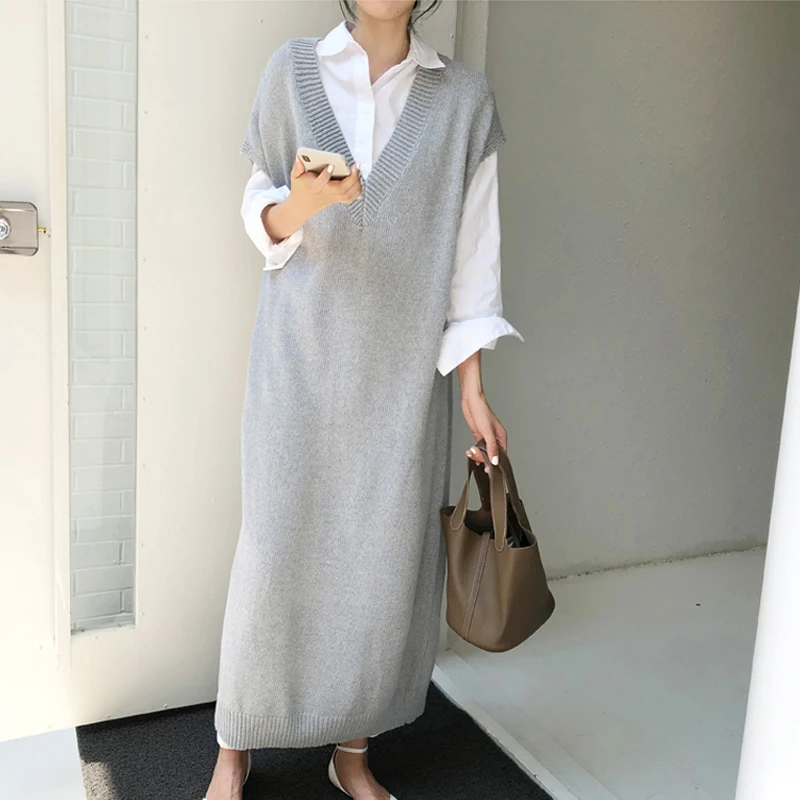 BGTEEVER Chic Casual Winter Oversize Straight Sleeveless Sweater Dress Women Thick Knit Long Dress Female Knitted Vest Dress