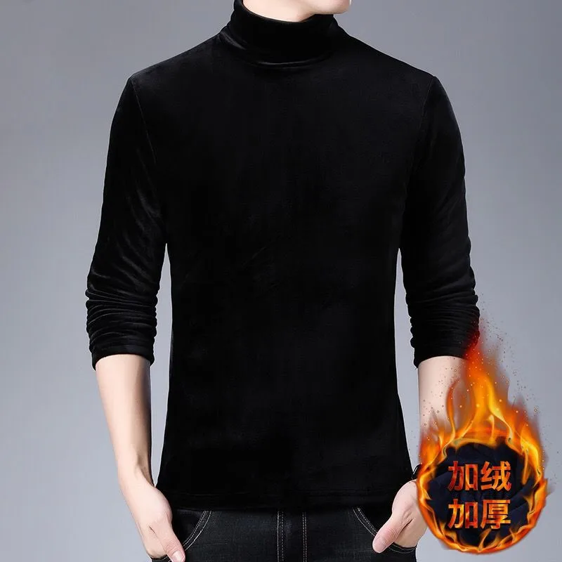 2019 Hot Gold Double-Sided Plush Half High Neck Sweater Men Fashion Solid Knitted Mens Sweaters  bottom Male