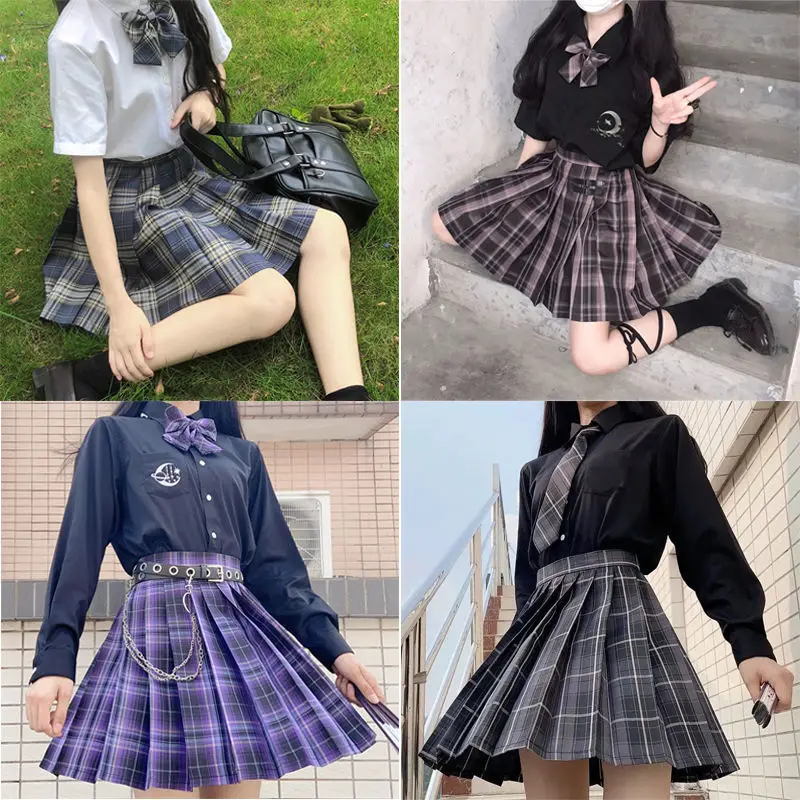 [極性歌] ガールの夏ハイウエストプリーツスカートチェック柄スカートjk制服ツーピースセット女の子学校ドレス学生服