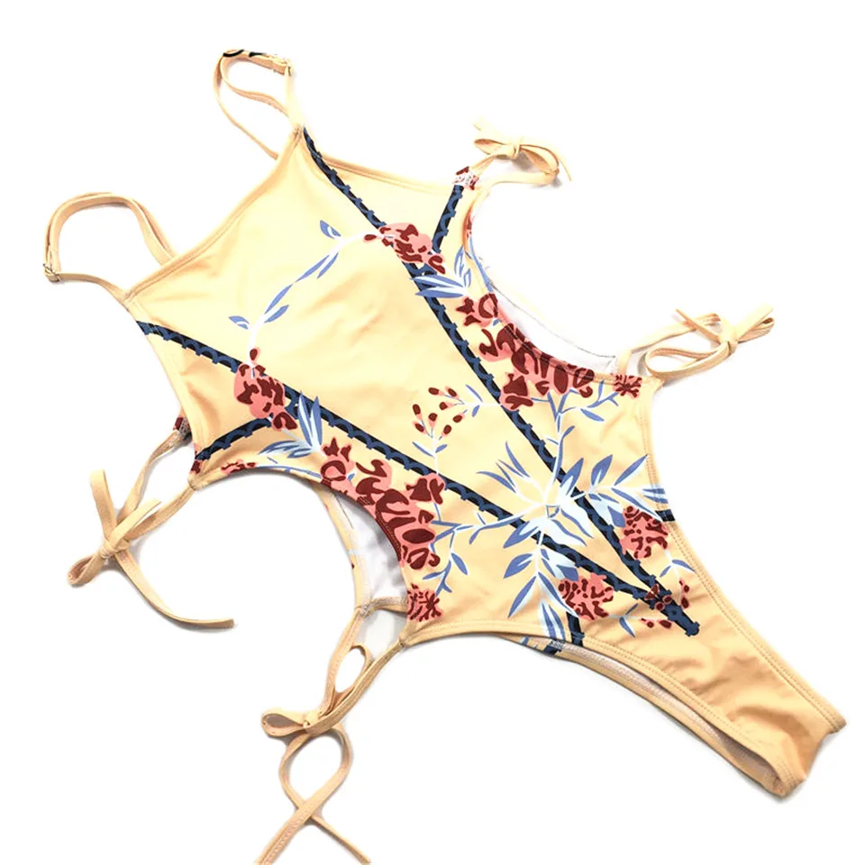 Tie Side Monokini Sexy One Piece Swimsuit Floral Swimwear Yellow Bathing Suit Swimming Suit for Women Trikini Maillot De Bain