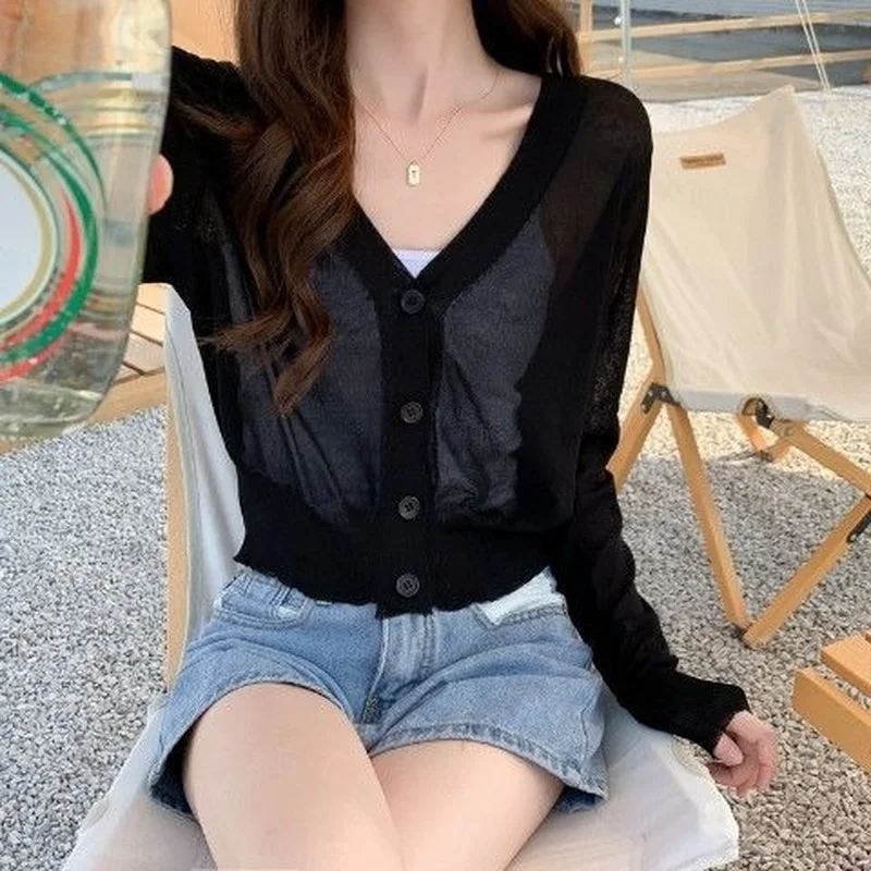 Cardigan Women Thin Summer Casual Solid Feminino Sun-proof Ulzzang All-match Knitted V-neck Sweet Style Candy Color Basic Daily