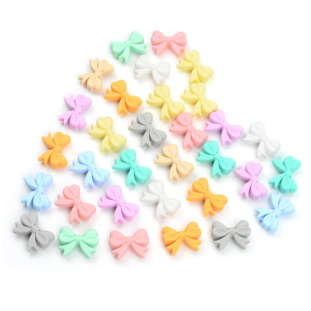 LOFCA 5pcs Bowknot Silicone Beads DIY Food Grade Silicone Teething Pacifier Cute Shaped Silicone teether Holder Accessories