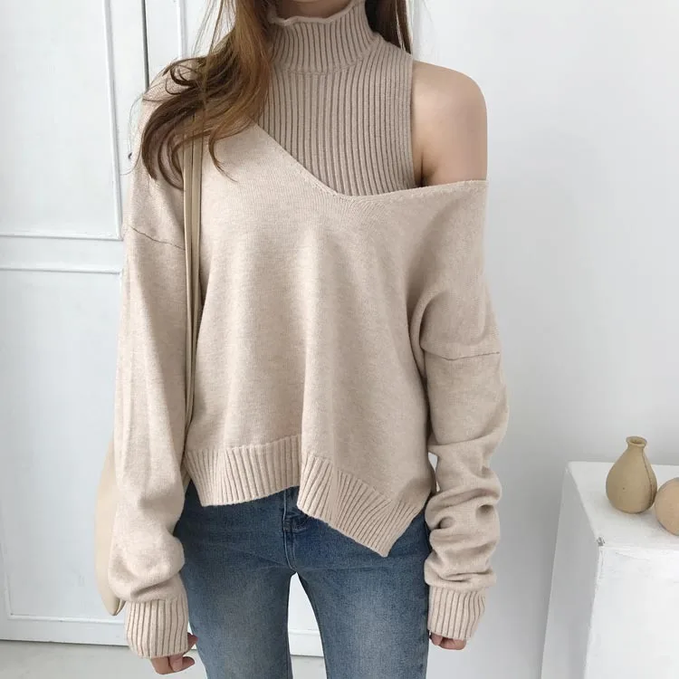 Women off shoulder  knit set turtleneck vest + long sleeve Deep V Jumper sweater two pieces set casual warm cotton knitting set