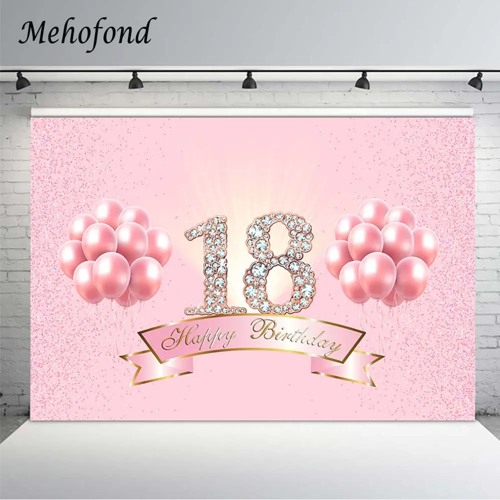 

Mehofond Photography Background Pink Sweet Girl 18th Birthday Party Shiny Diamond Dot Balloons Decor Customized Backdrops Banner