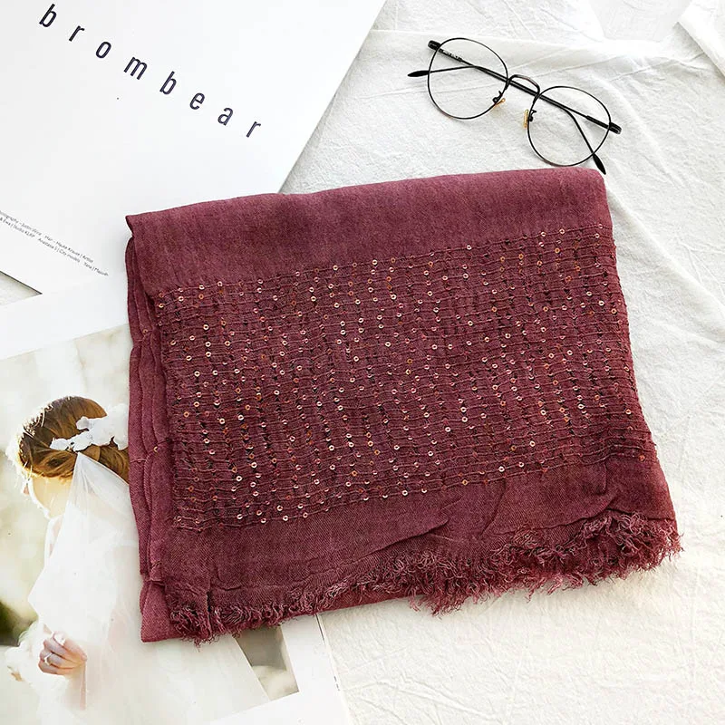 Fular de algodón de gran tamaño para mujer, chal largo liso con lentejuelas, Hijab musulmán cálido de punto grueso, nuevo diseño, Invierno