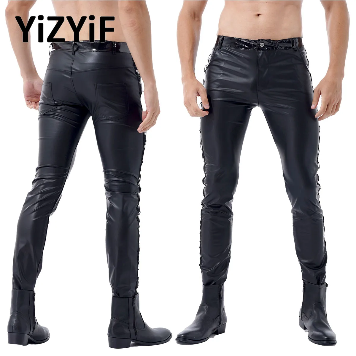 Mens Faux Leather Pants Black Punk Gothic Wet Look Motor Biker Tights Trousers Stretch Club Stage Leggings