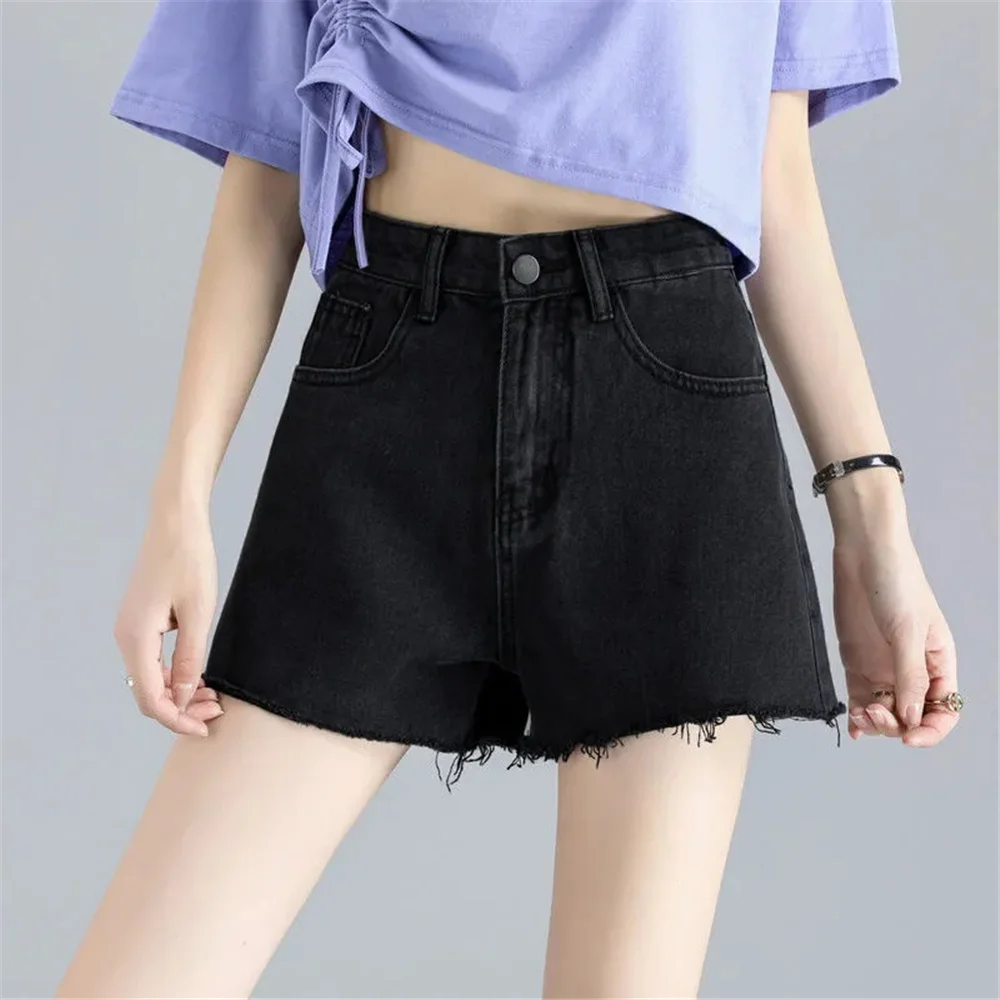 Casual Korean Basic Short Jeans Women Y2K Clothing Summer White Fringe High Waist Straight Denim Shorts