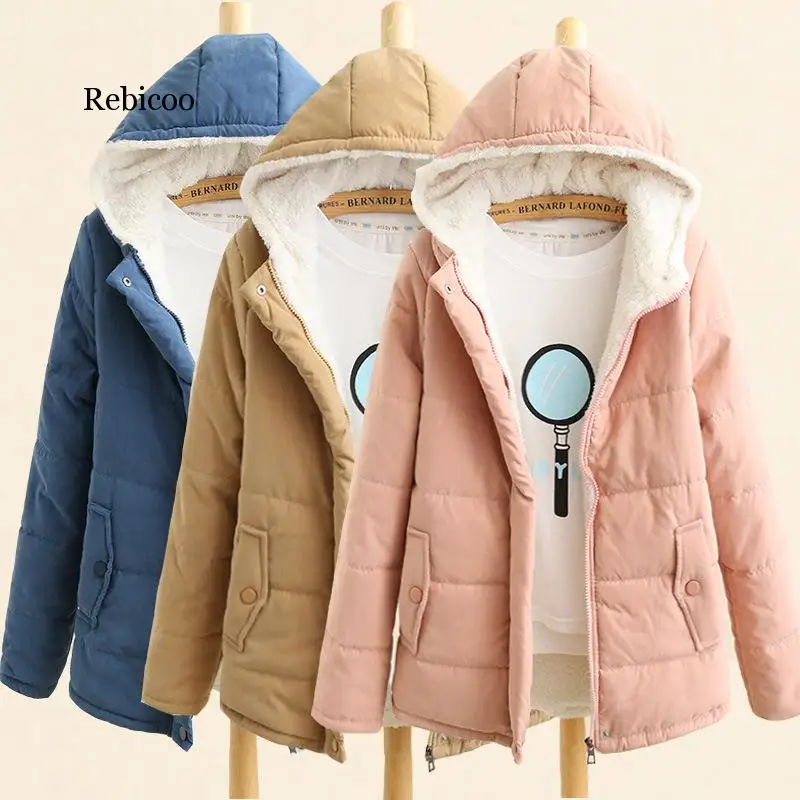 

Women Winter Fleece Parkas Coat New Korean Casual Jackets Cotton Hooded Windproof Warm Pink Khaki Velvet Coat for Women