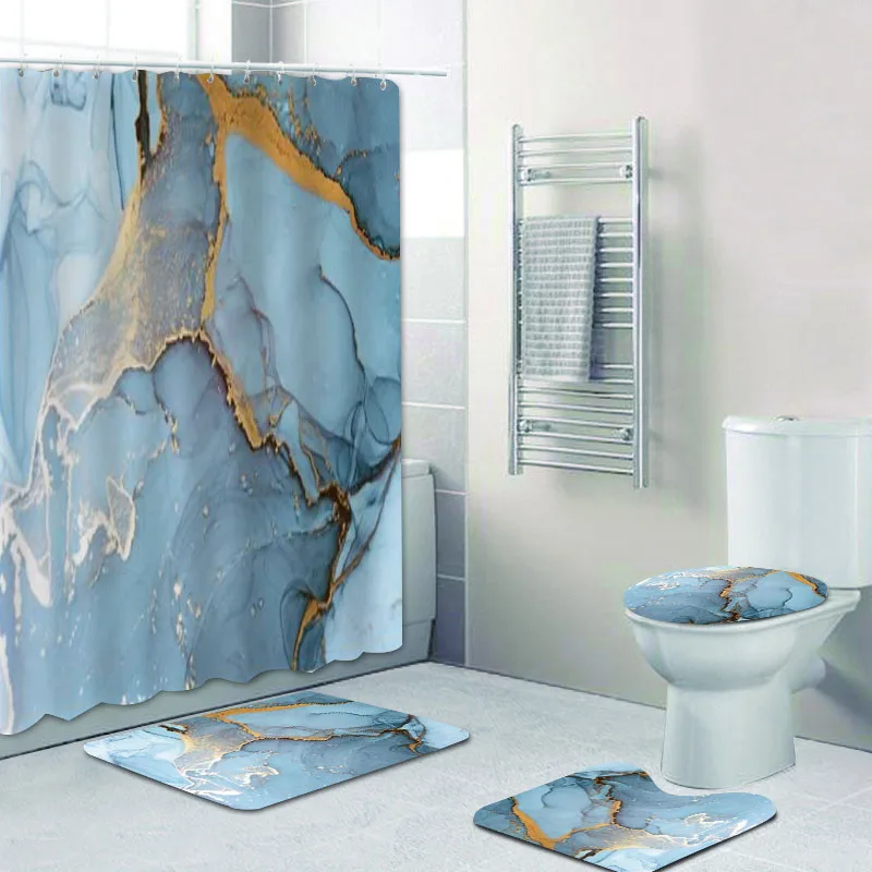 Trendy Blue and Gold Ink Painting Art Sea Color Ocean Waves Bath Shower Curtain Sets for Bathroom Mats Rugs Bathtub Accessories