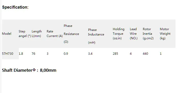 57H730 Nema 23 Stepper Motor Bipolar 2,0Nm 285oz-in 8mm