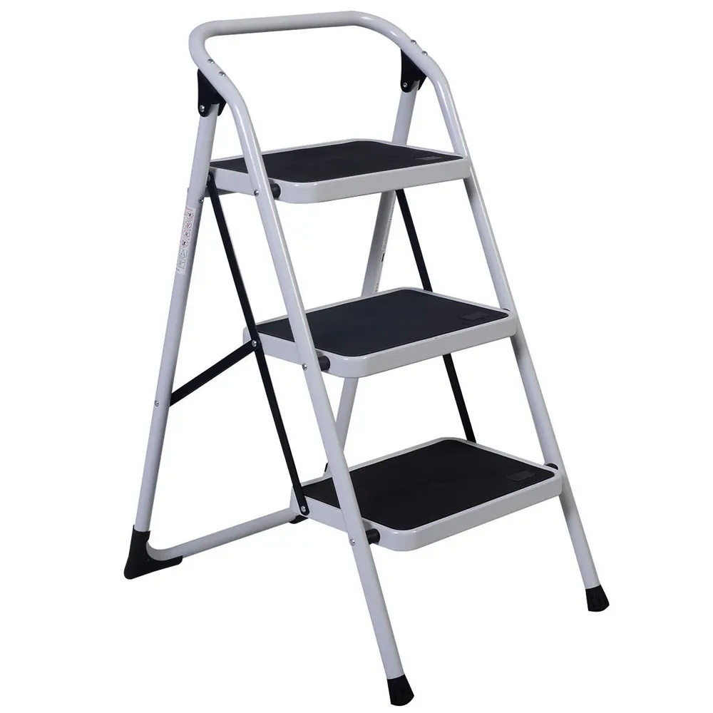 US Warehouse Home Use 3-Step Short Handrail Iron Ladder Black & White Folding Telescopic Ladder