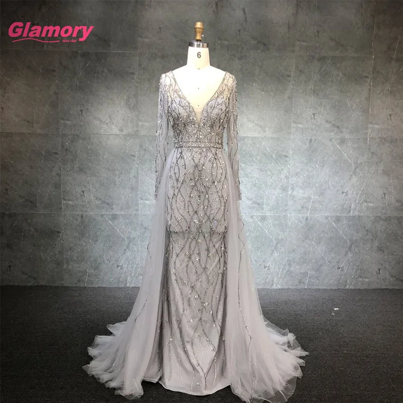 Hot Sale New Design Tulle Prom Dress Long Sleeve Evening Dresses With Crystal Beading