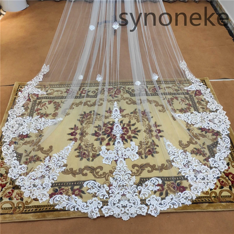 2021new Hot White/avorio bella cattedrale lunghezza bordo in pizzo velo da sposa con pettine velo da sposa lungo Mariage plus size