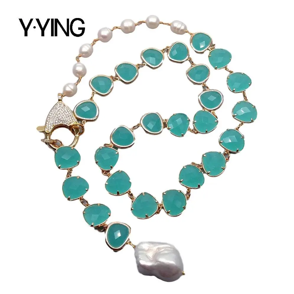 

Y·YING natural White Rice Pearl Green Crystal Necklace White Keshi Pearl Pendant necklace 28''