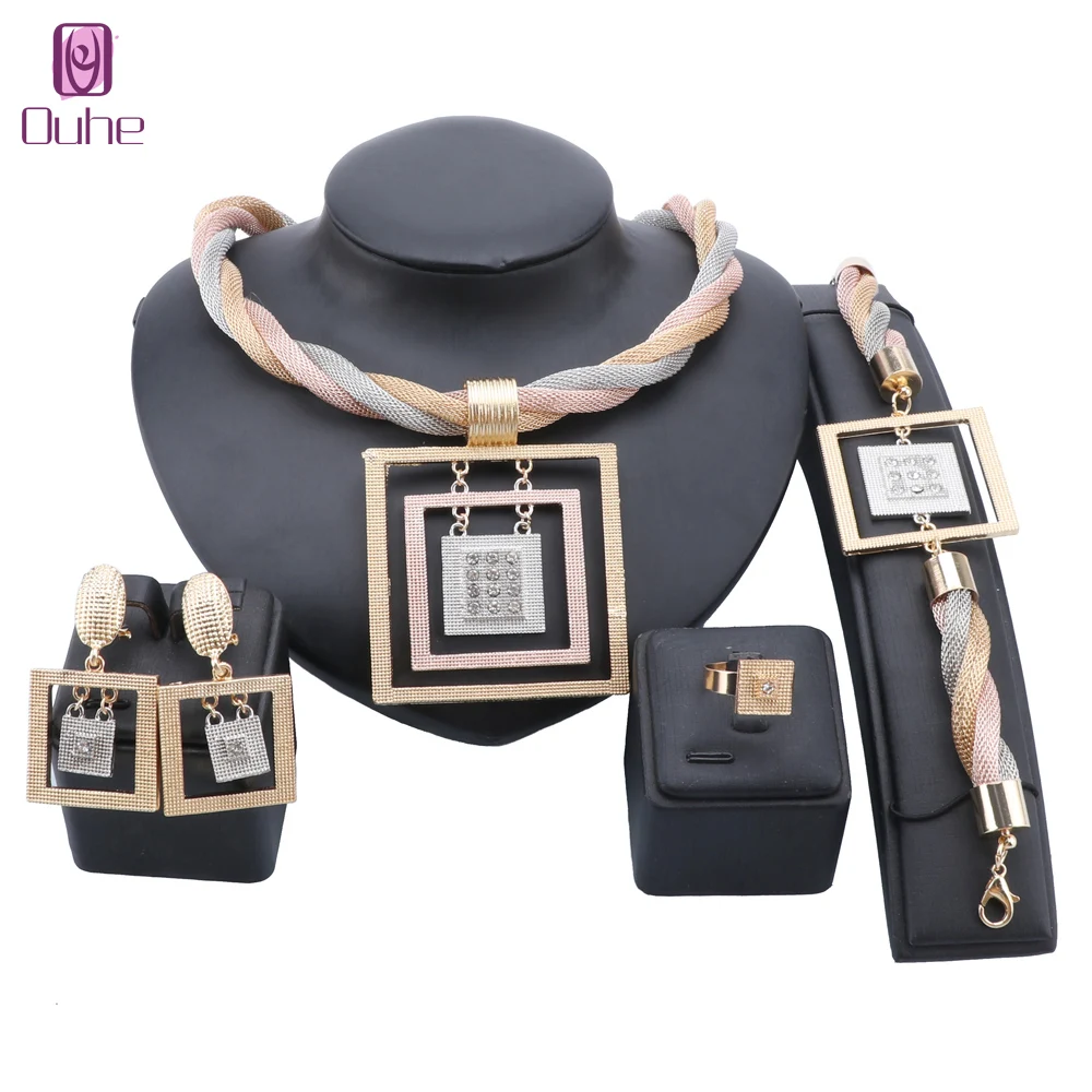 

Dubai Gold Colorful Jewelry Sets for Women Square Pendant Crystal Necklace Earring Set Nigerian Bridal Wedding Costume Jewelry