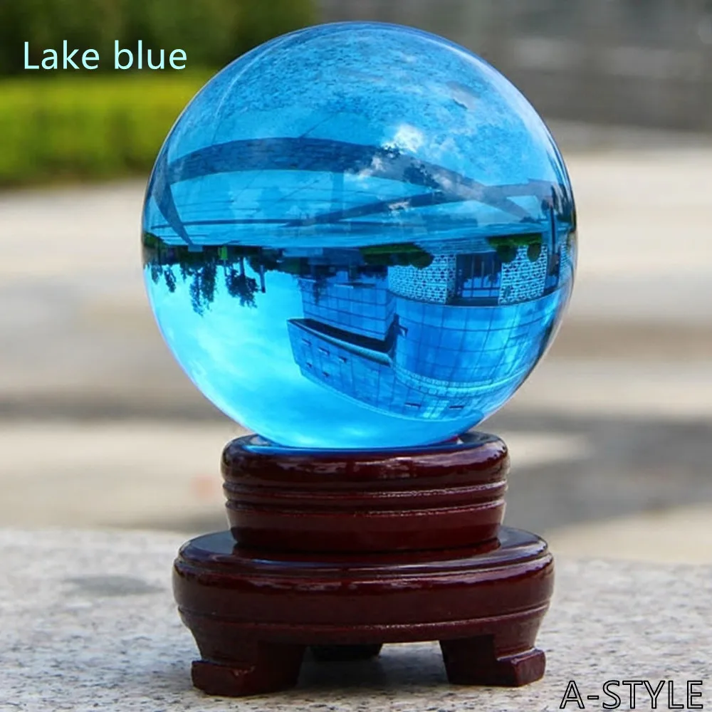 8cm K9 Lake Blue Crystal Glass Ball With Base Feng Shui Paperweight Stoneweight Ornaments Magic BallHome Decoration Crafts