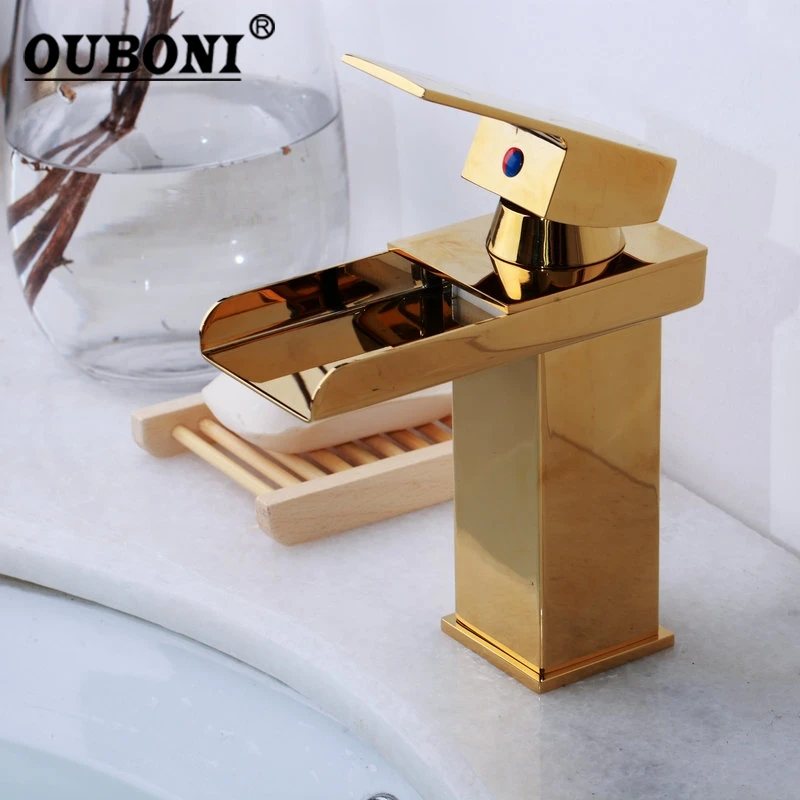 

OUBONI Golden Polished Solid Brass Waterfall Bathroom Faucet Basin Golden Plated Handle Hole Basin Sink Mixer Tap Faucet