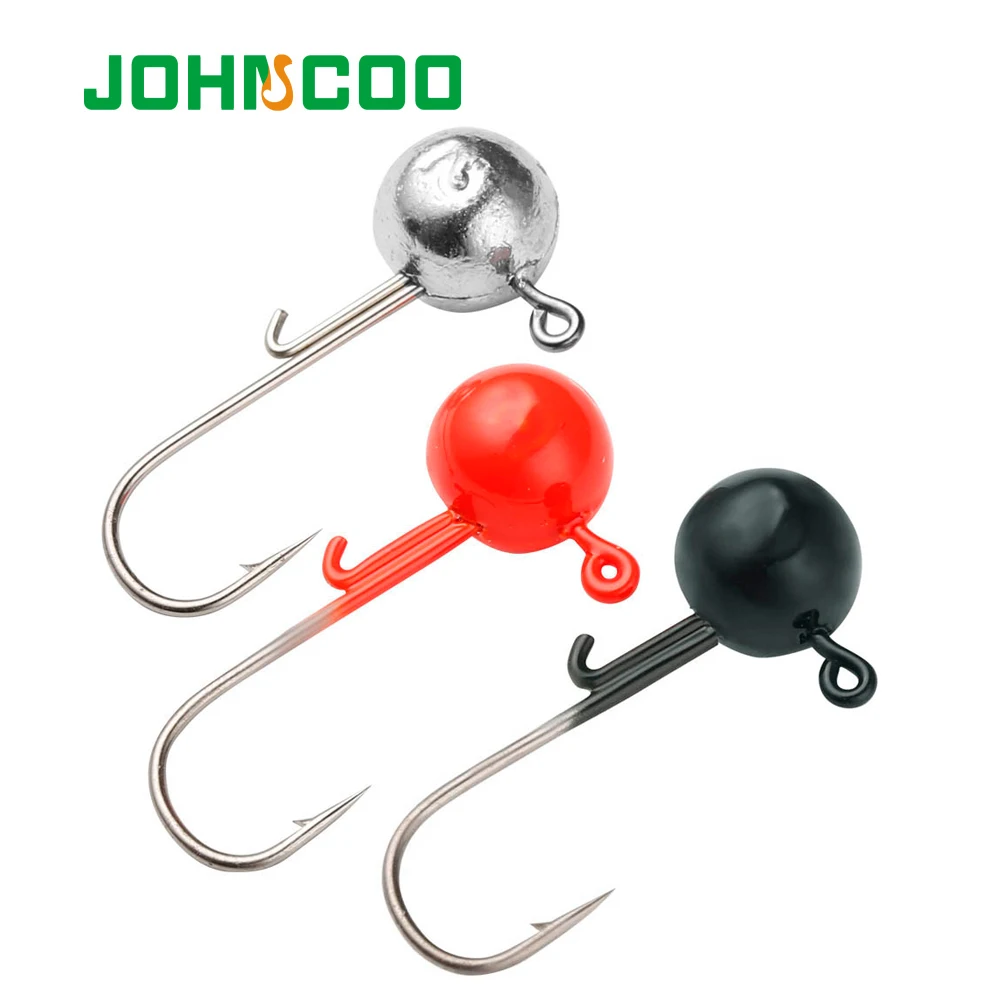 JOHNCOO 6pcs Ball Jig Heads 3.5g 5g 7g 10g Head Jigs Hook Worm Shad Weedless Jig Head Barbed Fishing Hooks Lures Bait