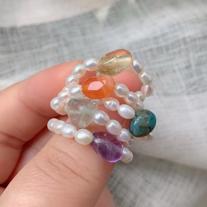 Anel de dedo de quartzo fluorite real, ametismas reais, agates, citrinos, pequeno, pérolas de arroz, anel elegante, pérolas de água doce natural