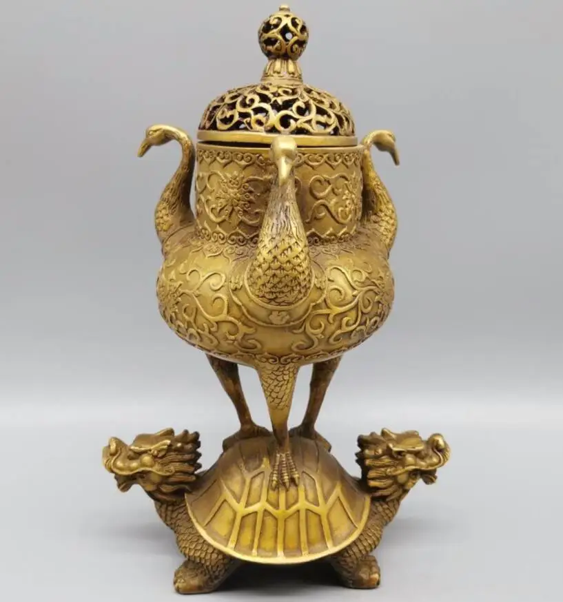 

China brass Dragon turtle Crane incense burner crafts statue