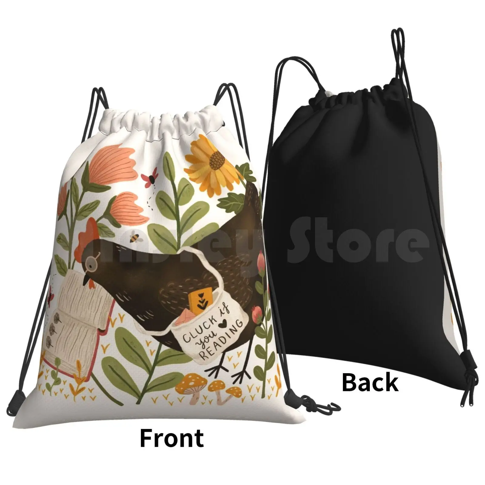 Chicken Reading A Book Backpack Drawstring Bags Gym Bag Waterproof Reading Read Books Book Lover Bookworm Bibliophile