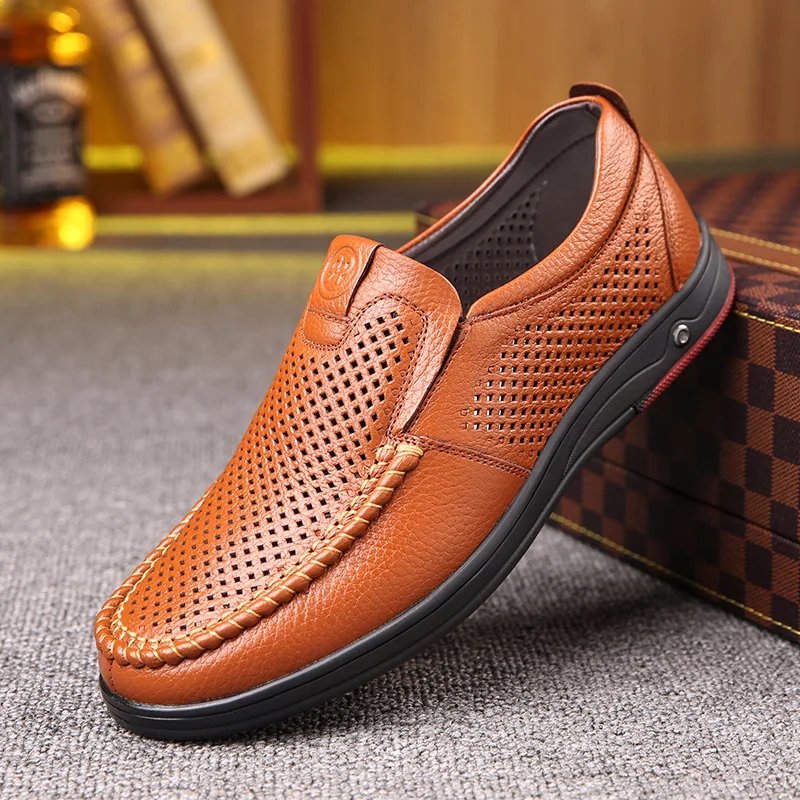 2021 Newly Men\'s Summer Loafers Shoes Genuine Leather Soft Man Casual Slip-on Cutout Shoes Cowhide Summer Loafers