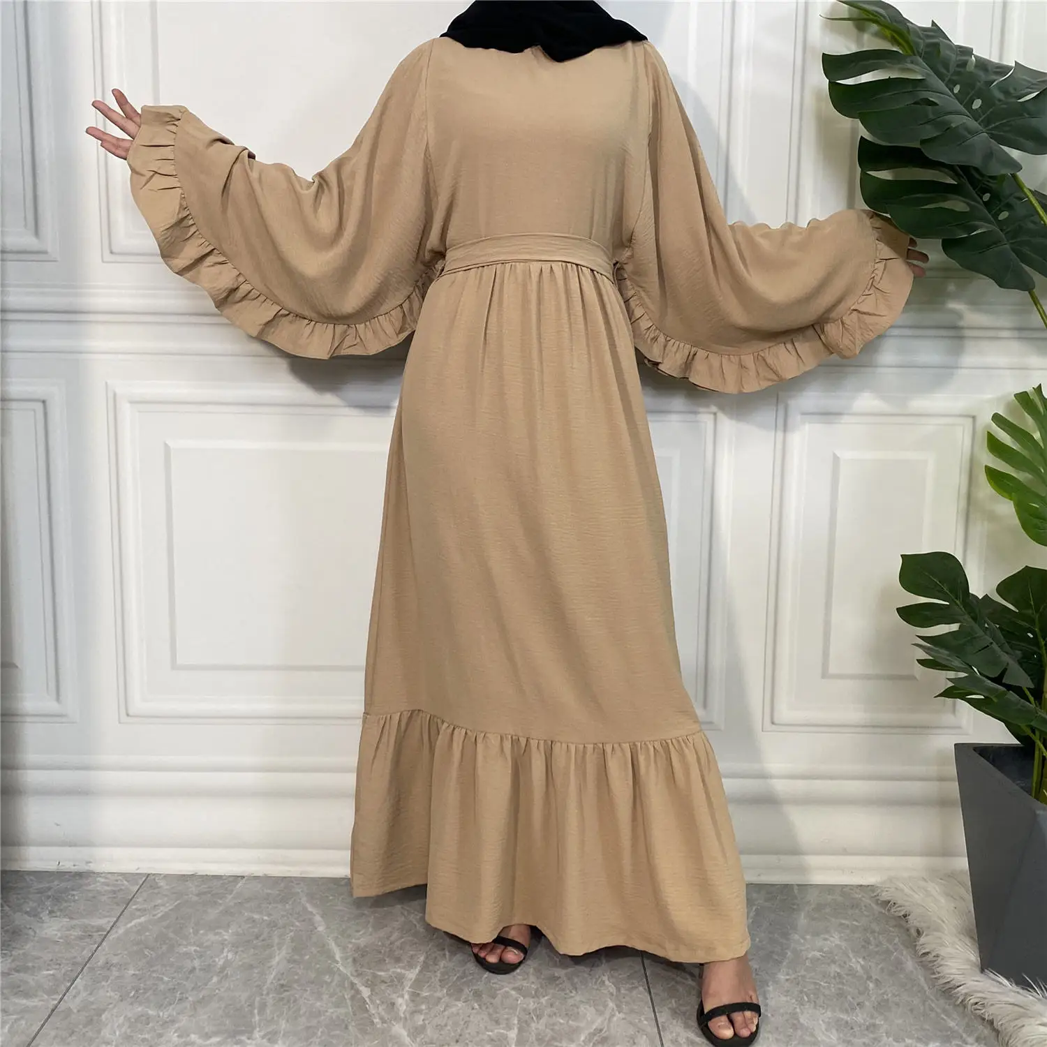 

Ramadan Eid Islamic Robes Bubble Ice Silk Bat Sleeved Fancy Full Dress French Stylish Modesty Muslim Dress With Belt wy657