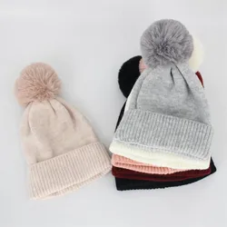 Faux Fur Pompom Beanie for Women 2020 New Knit Pink Winter Hat Girls White Cashmere Slouchy Beanie