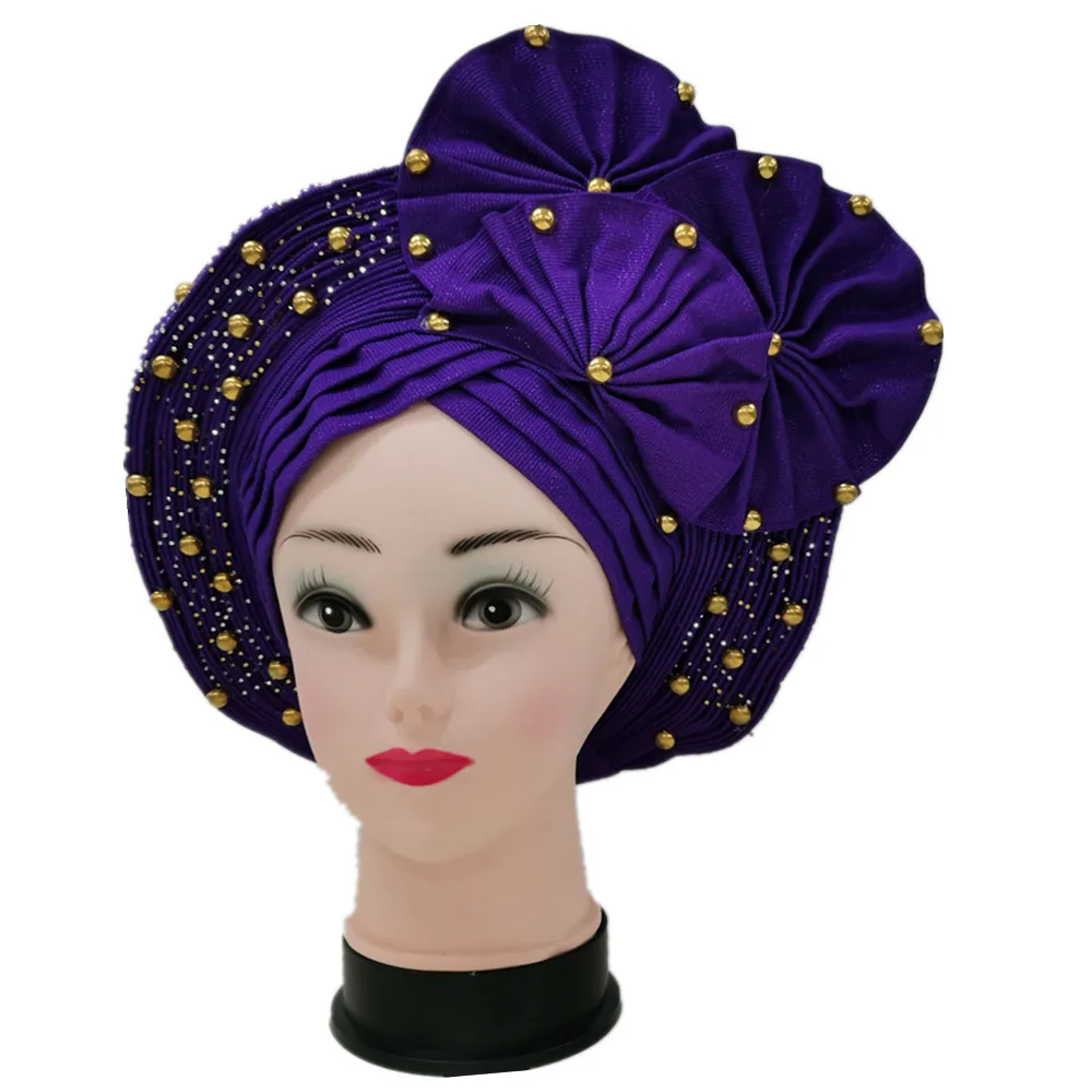 

Purple Nigerian Gele Headtie Aso Oke Gele Already Made Headwrap African Turban Cap With Iron Beads Flower For Party 1pcs/pack