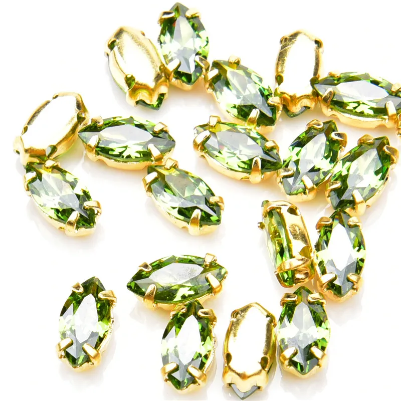 High Quality 5A Zircon Crystal Diamond Olivine 4*8Mm Classical Gold Claw Sew On Stone Pointed Back Rhinestone Diy Clothing Dress