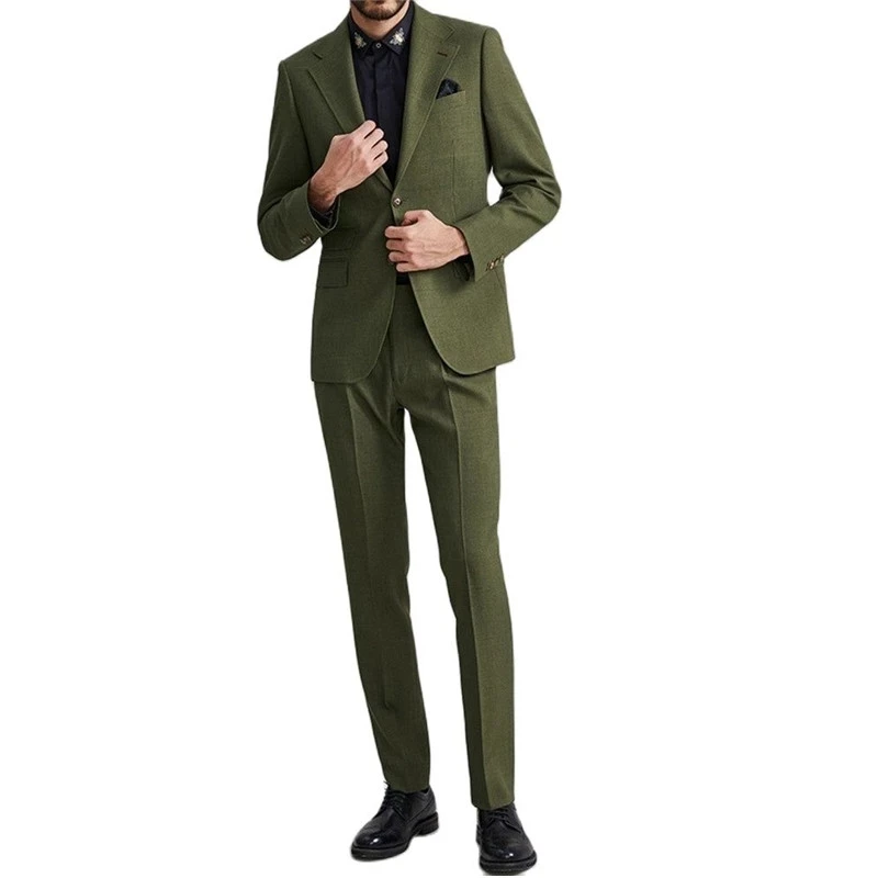 Blazer Trousers Olive Green Notched Lapel 2pcs Single Breasted Men Suits Sets Wedding Wear Business Formal Slim Fit Jacket Pants