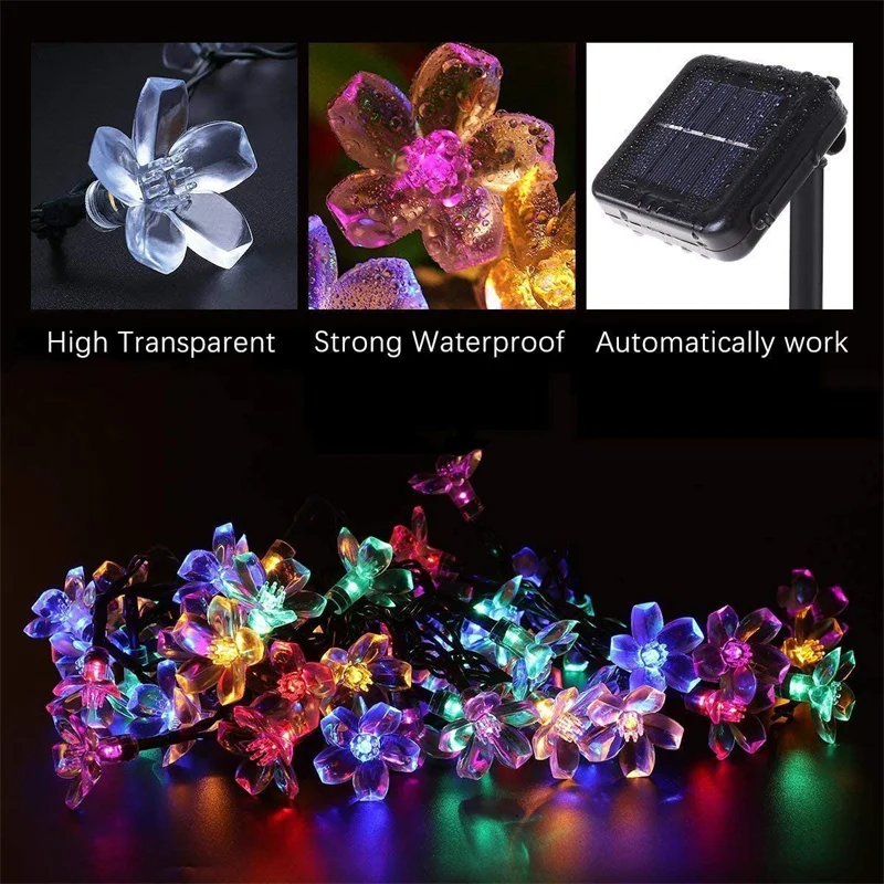 Solar Flower String Lights Outdoor Waterproof Cherry Blossom String Light 8 Modes Solar Fairy Light for Patio Garden Party Decor