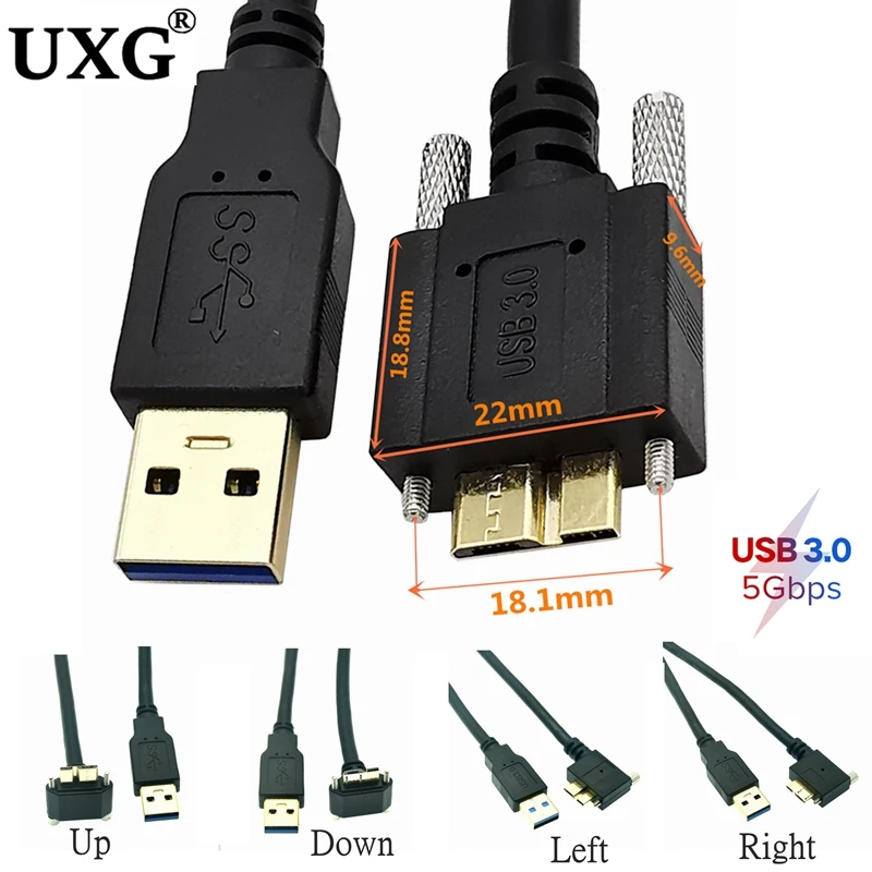 USB 3.0 To Micro B 5Gbps USB Type A Male To Micro-B Left Right Up Down Angled Cable With Panel Mount Screw Lock 0.3m 1m 1.8M 5M