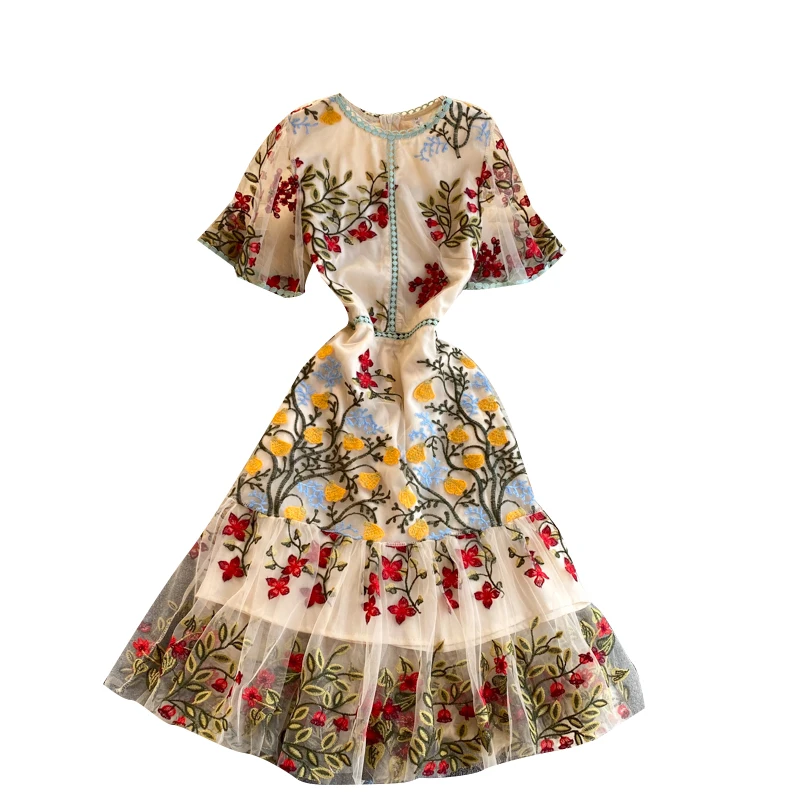 فستان SINGREINY بتصميم شبكي عتيق للنساء بأكمام قصيرة وكشكشة على شكل حرف a فستان صيفي أنيق عالي الجودة ملابس خروج أنيقة