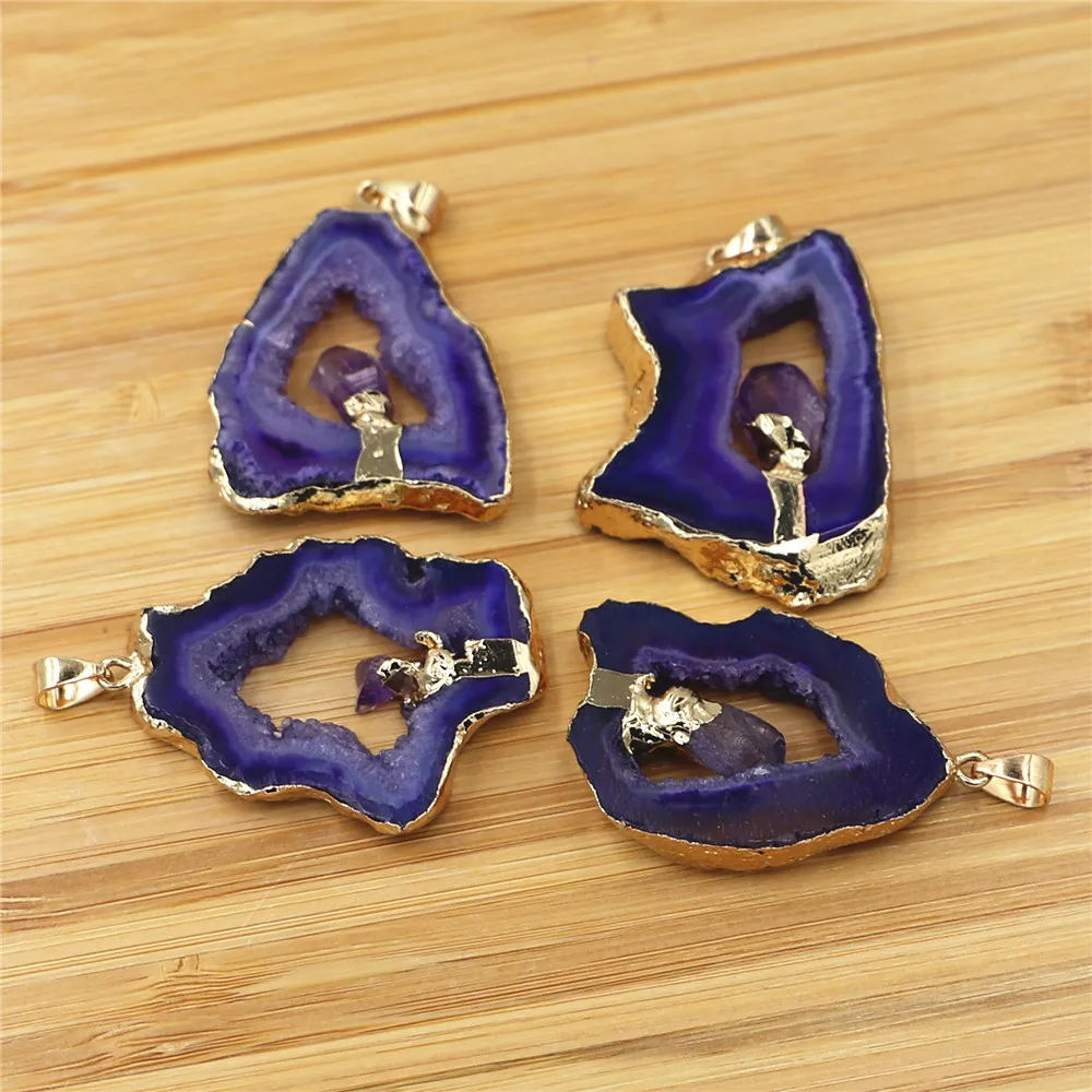 

Irregular Shape Stone Geode Agates Slice Pendant Inlaid with Natural Amethysts Point Elegant Quartz Jewelry Making