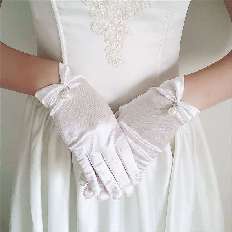 Women Summer Pearl Lace Bow UV Sunscreen Cycling Driving Mittens Thin Short Satin Elastic Spandex Etiquette Dress Gloves K69