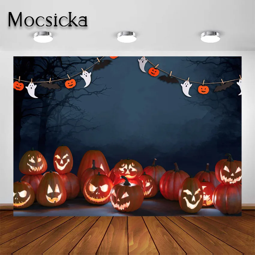 Mocsicka Autumn Halloween Pumpkin Photography Backdrop Scary Graveyard Kids Child Portrait Photo Background for Studio Photocall