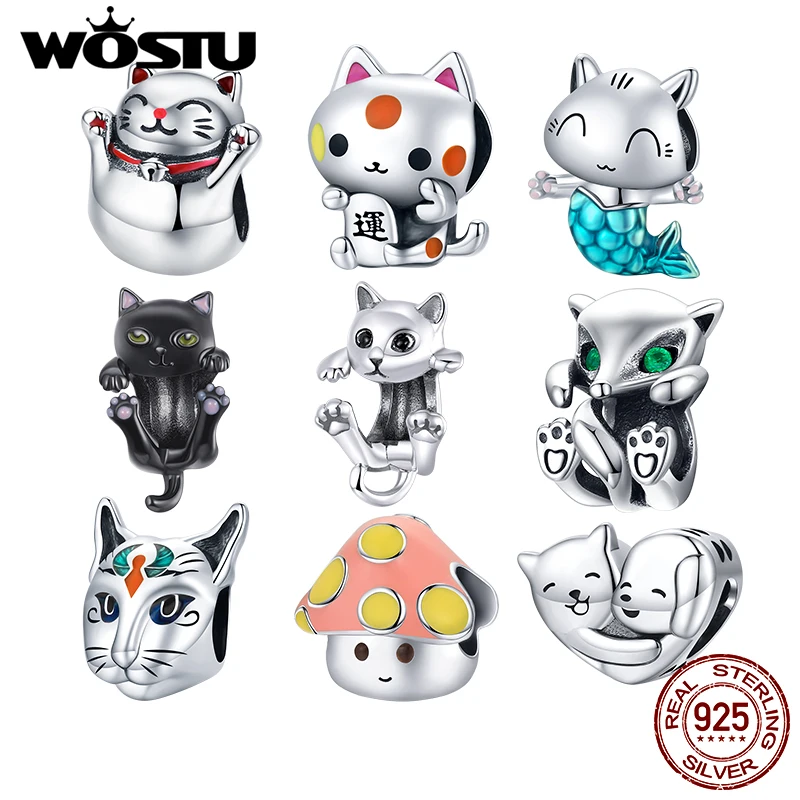 WOSTU Authentic 925 Sterling Silver Maneki Neko Cat Beads Charms Pendant Fit Bracelets Women Party DIY Fine Jewelry Gift Making