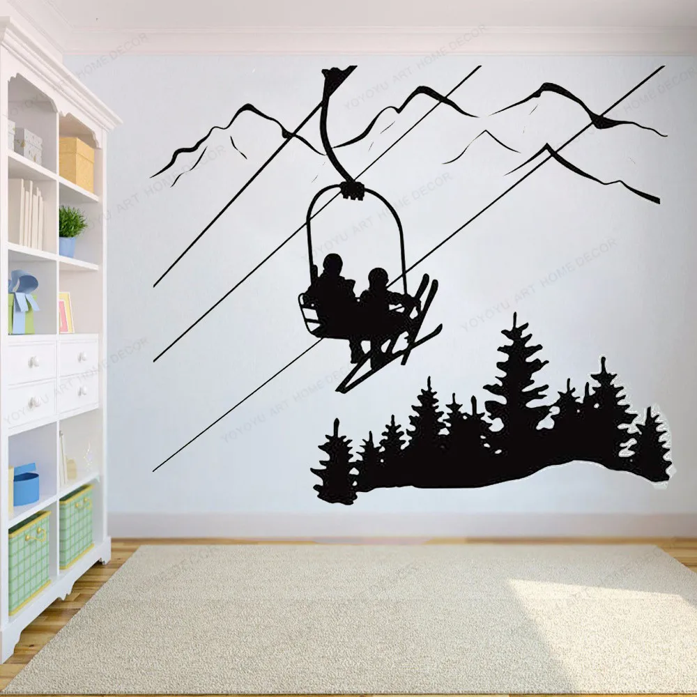 Winter Sports Wall Sticker Ski Lift Chair Mountain Pine Tree Wall Decal Downhill Art Mural Perfect for Skiing Wall Decor HJ1083