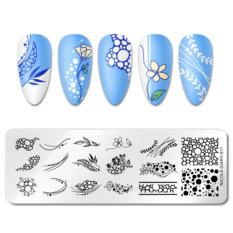 NICOLE DIARY Foam Bubble Effect Nail Stamping Plates Flower Leaf Line Design Stamp for Nails Printing Stencil Templates