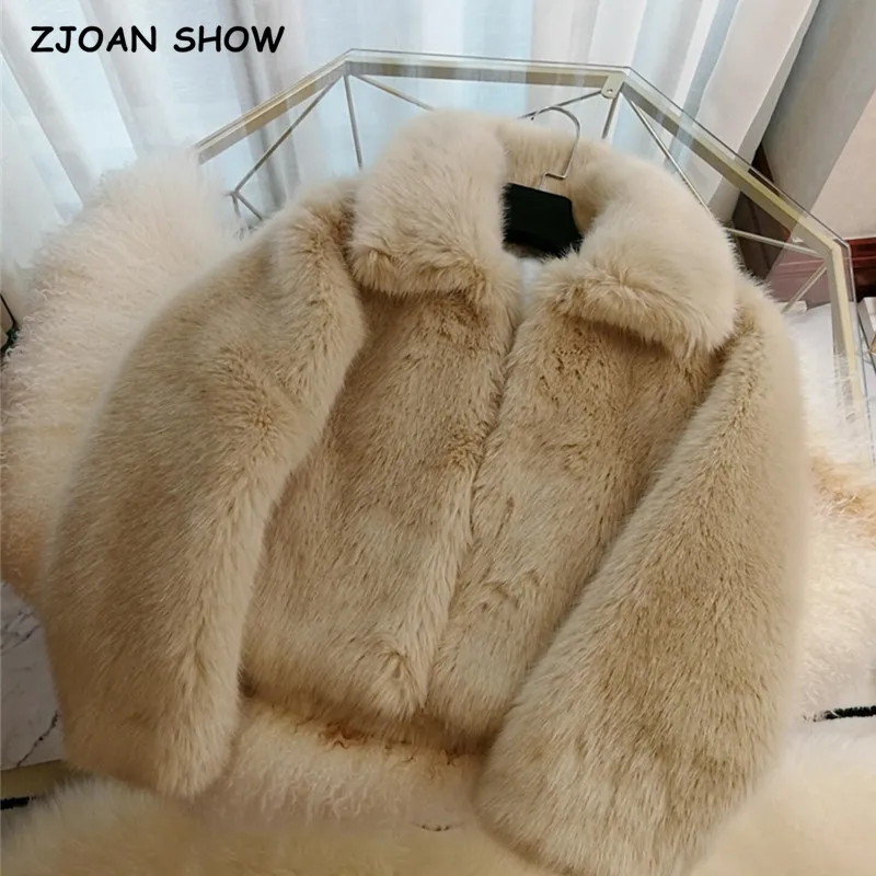 2021 Winter Turn down Collar Lapel Hairy Shaggy Soft Faux Fur Coat Apricot Women Loose Furry Fur Warm Jacket Short Outerwear