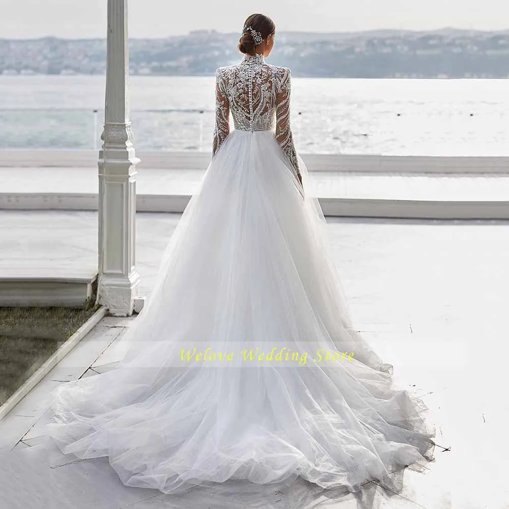 Abito da sposa elegante collo alto di lusso Encaje fiori perline manica lunga bianco A Line abiti da sposa Vestido De Novia Fiesta